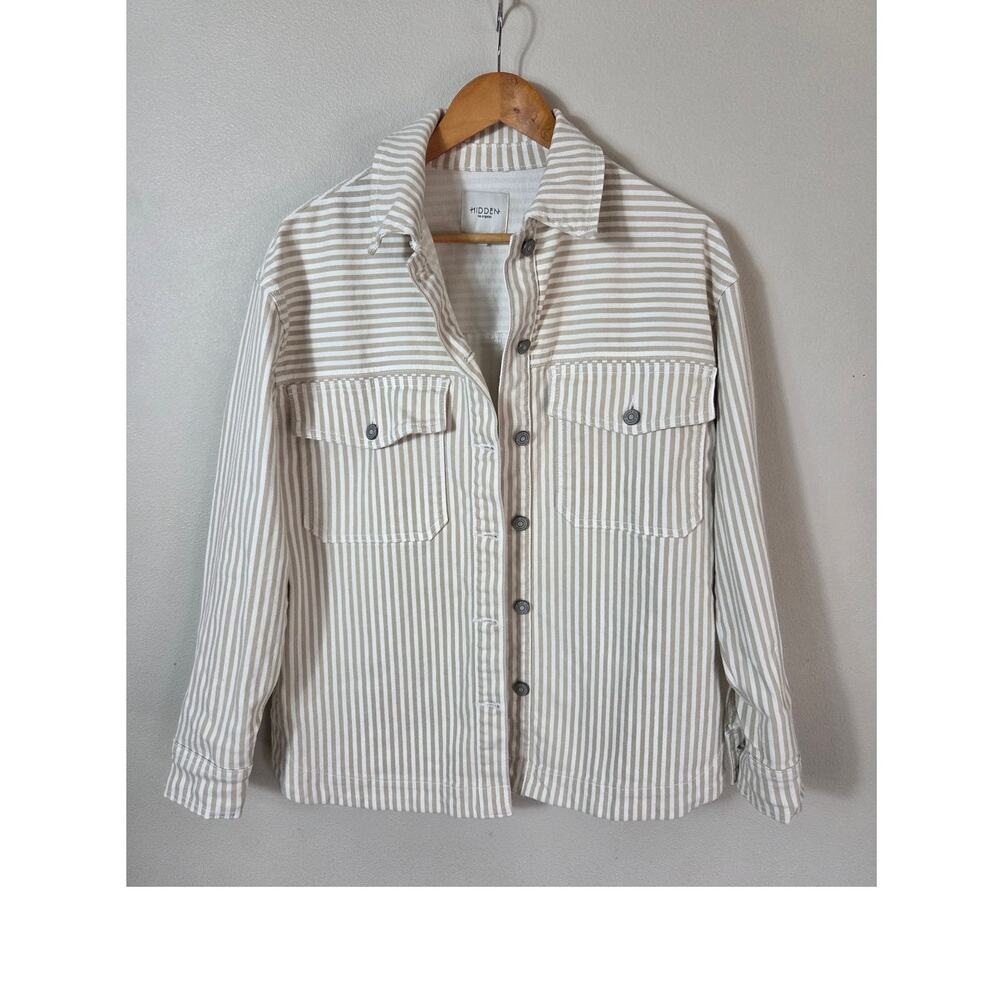 Hidden Los Angeles Woman's Tan & Cream Striped Button Up Utility Shirt Jacket XS